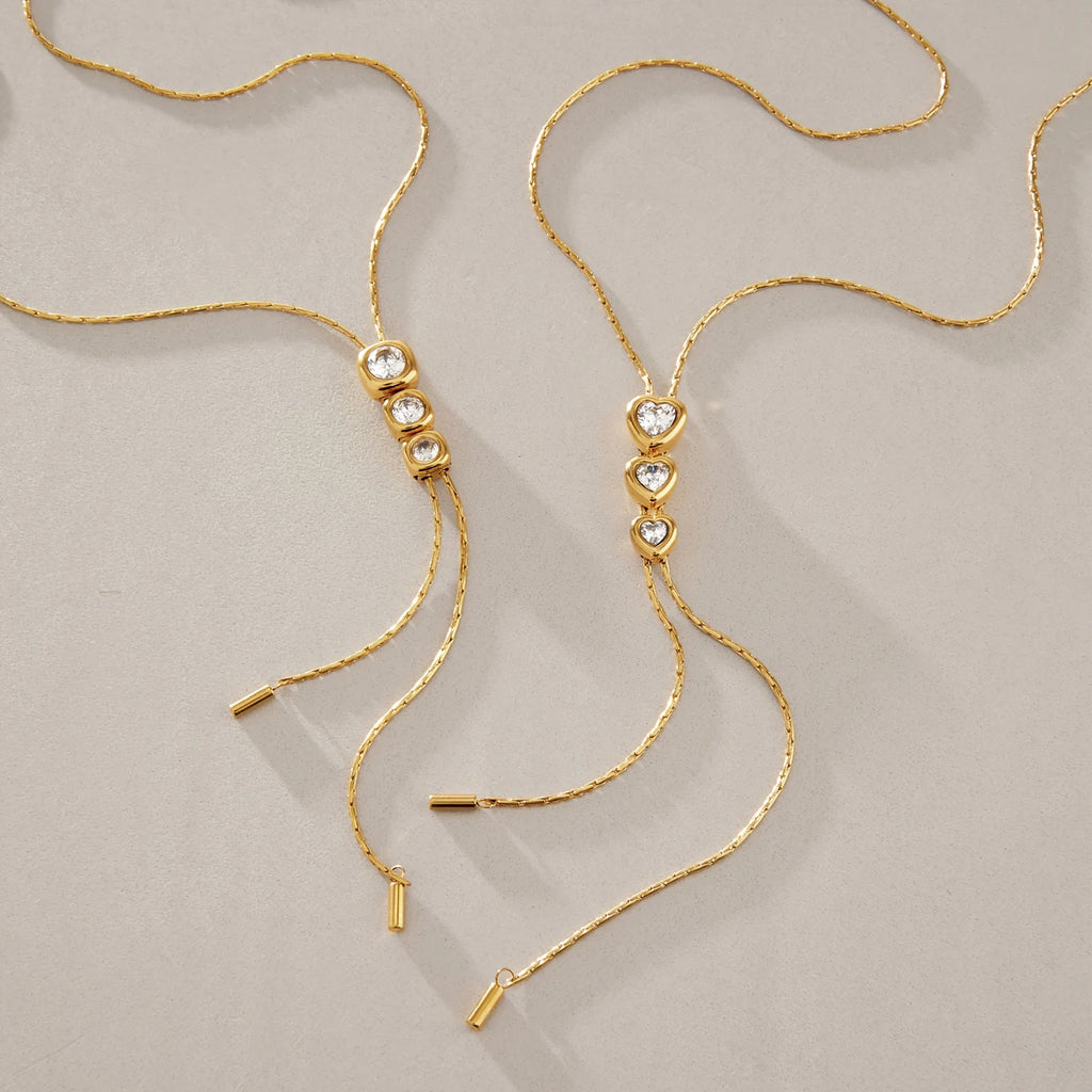KIKA Round Heart Zircon Adjustable Long Chain Necklace For Women 18K Gold PVD Plated Stainless Steel 316L