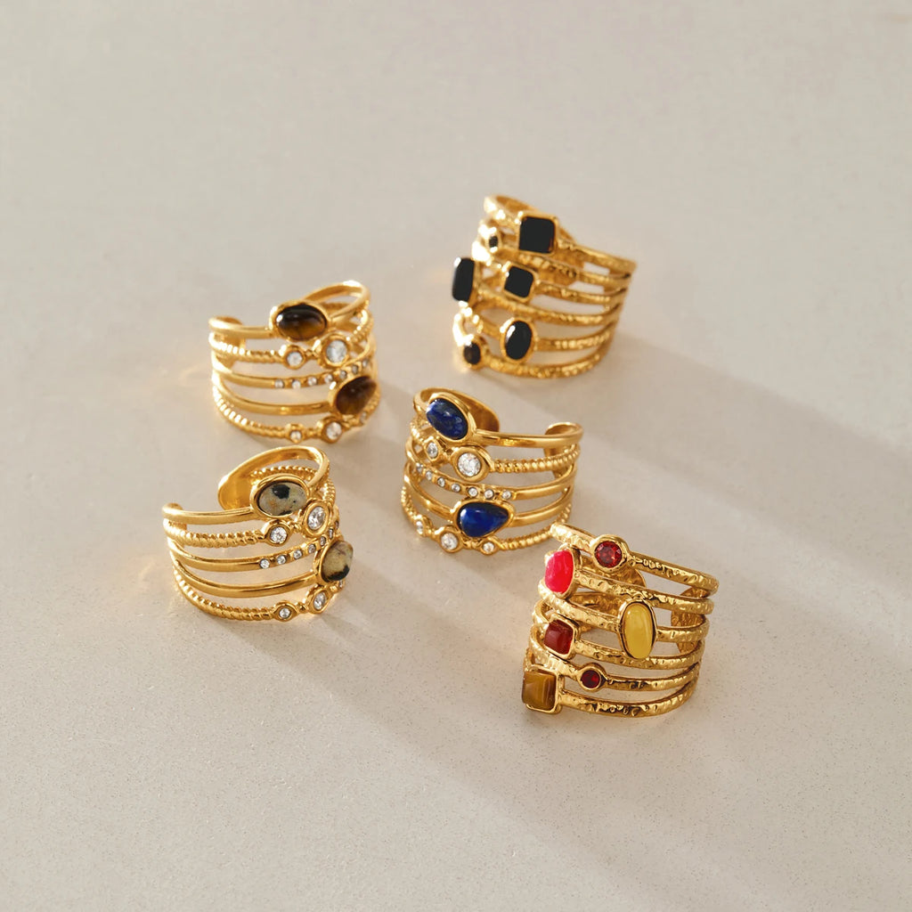 KIKA Vintage Natural Stone Rings For Women Multilayer 18K Gold PVD Plated Stainless Steel Open Rings Fashion Jewelry Gift