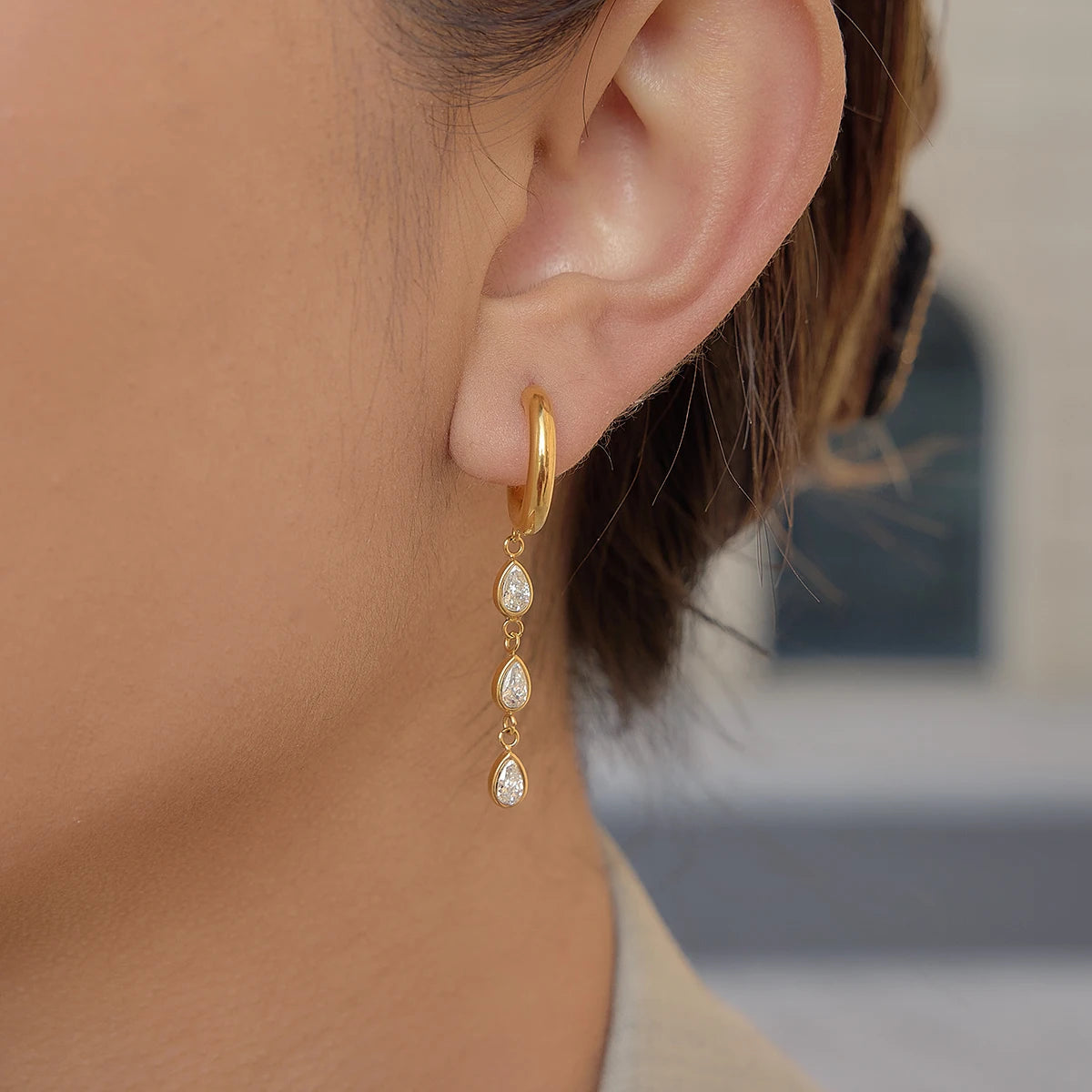3 Pairs Geometric Water Droplet Rhinestone Earrings
