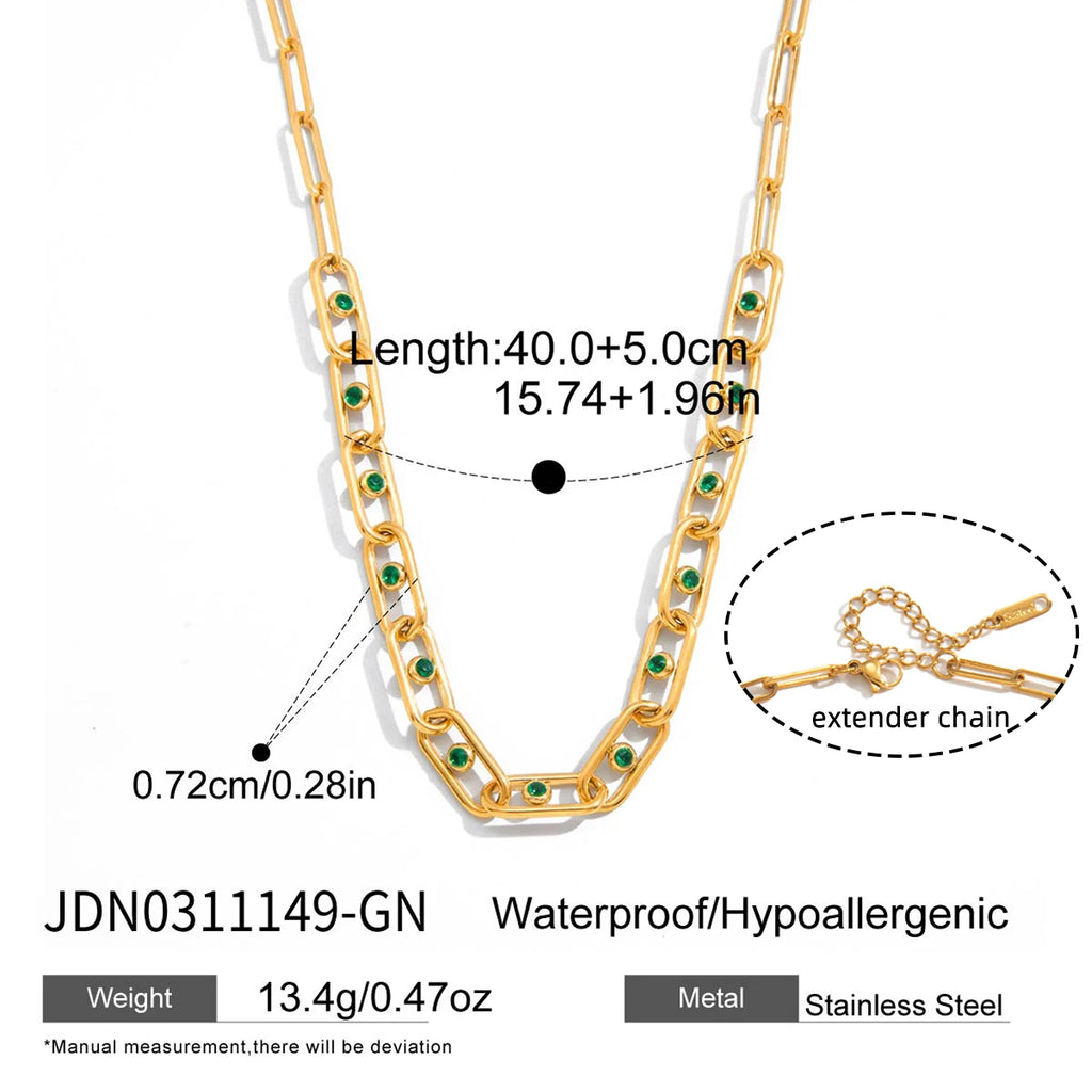 Hollow-Out Paperclip Chain Necklace With Green Rhinestones