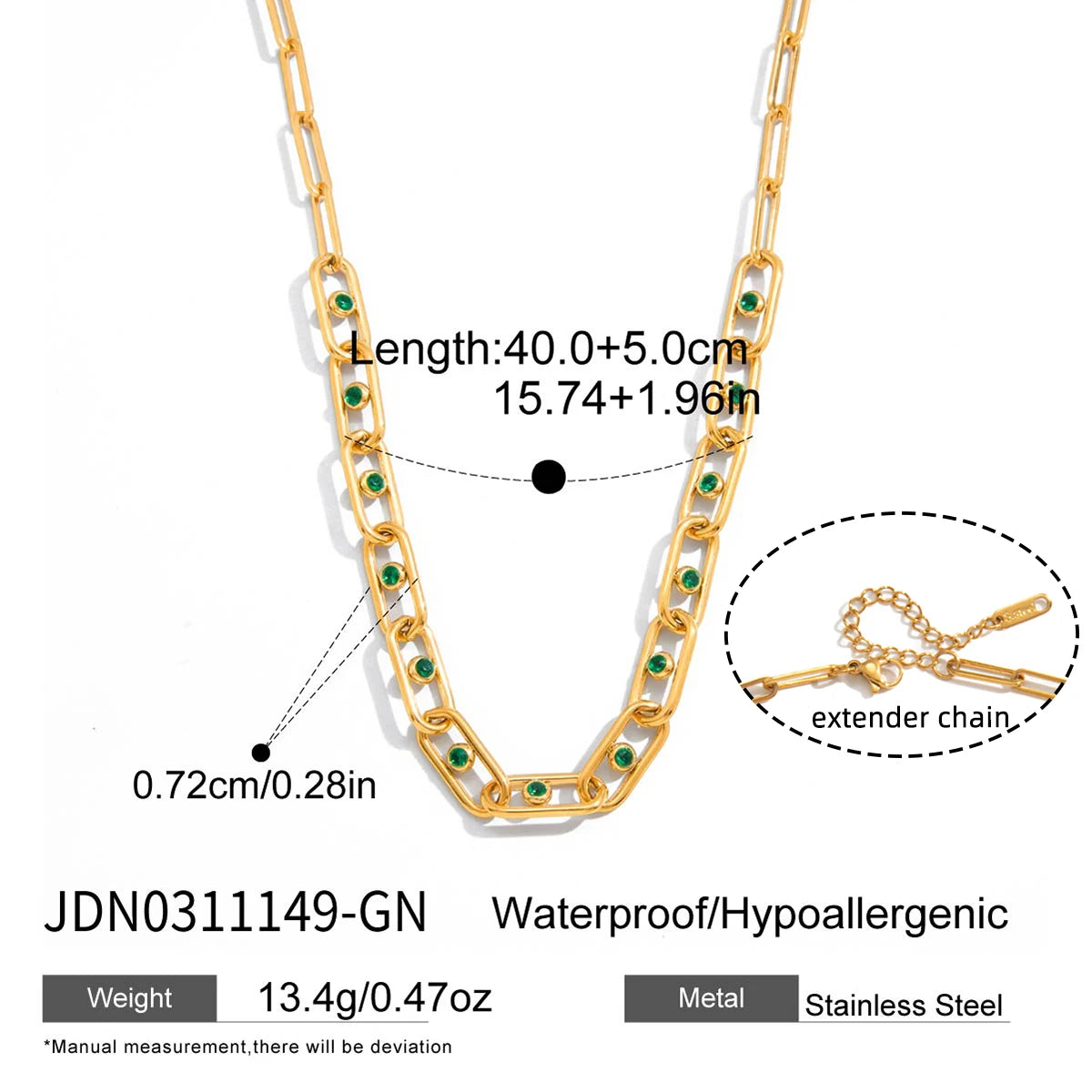 Hollow-Out Paperclip Chain Necklace With Green Rhinestones