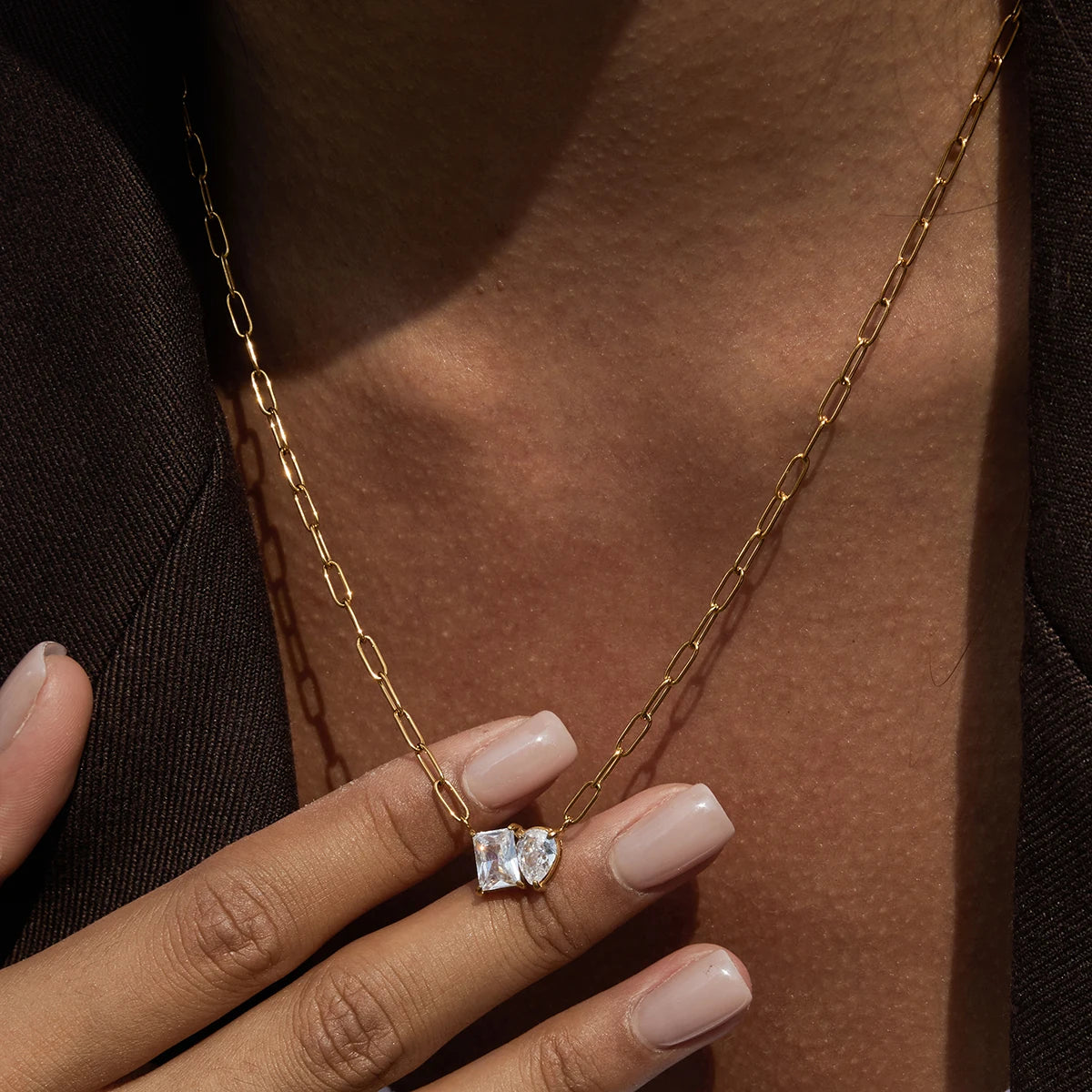 Kika Simple Classic Stainless Steel Square White Zircon Water Drop Pendant Necklace