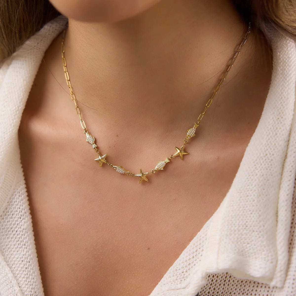 Kika White Rhinestone Crab Conch Starfish Paperclip Necklaces