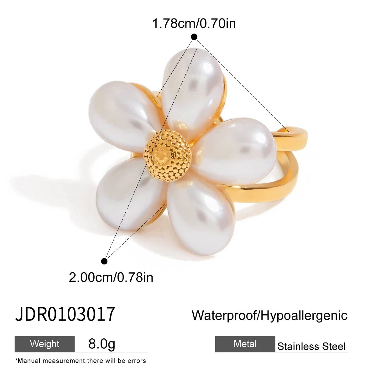 Kika Fashionable Sweet 18K Gold Color Plated Stainless Steel Pearl Five Petal Flower Ring