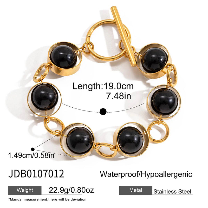 Kika Vintage Fashion 18K Gold Color Plated Black Glass Bead Rotatable OT Buckle Bracelets Waterproof Stainless Steel Jewelry