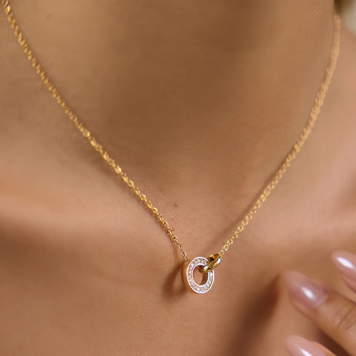 Kika Delicate White Zircon Double Ring Interlocking Pendant With O-Chain Necklace