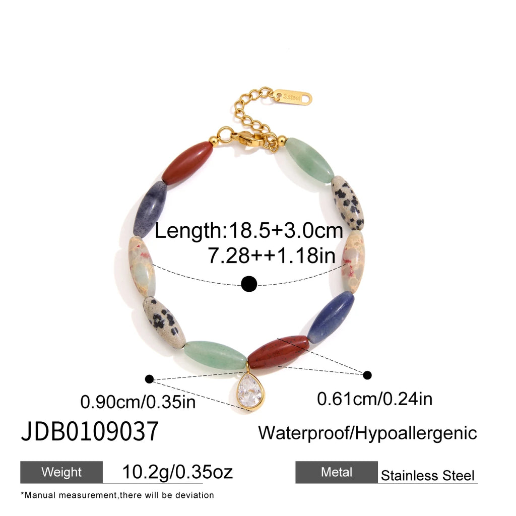 KIKA Water Drop Zircon Charm Bracelet For Women Mixed Natural Stone Beaded Bracelet 18K Gold Plated Stainless Steel Jewelry
