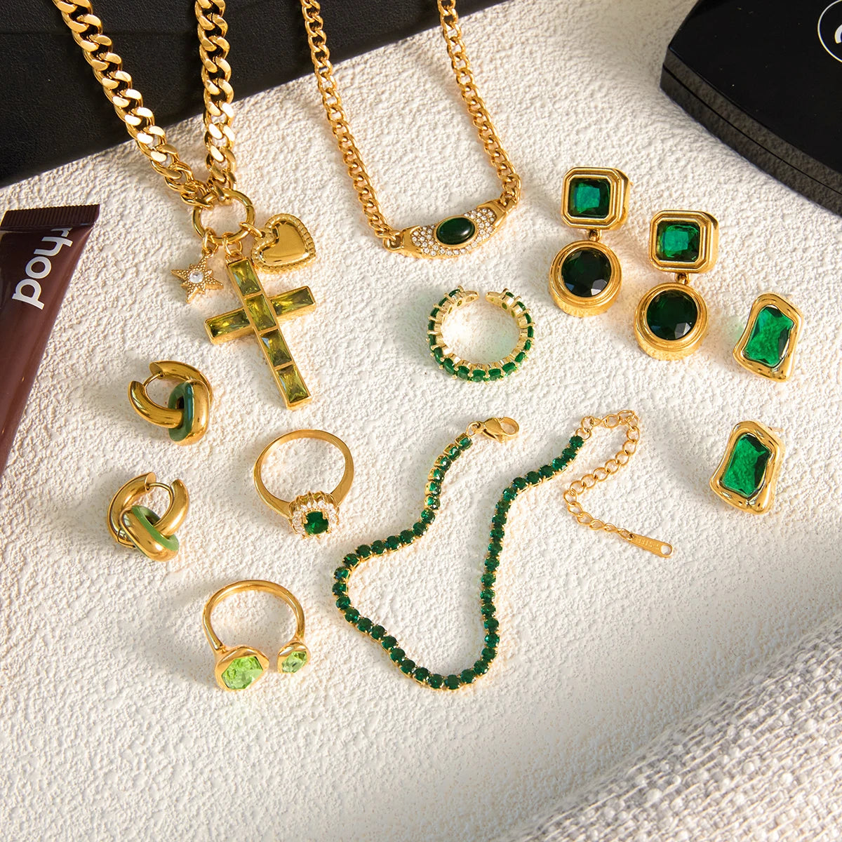 Kika Vintage Geometry Green Zircon Stacked Earrings