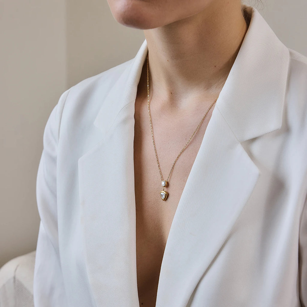 KIKA Elegant Geometric Zircon Pendant Necklace Earrings For Women Minimalist 18K Gold PVD Plated Stainless Steel 316L