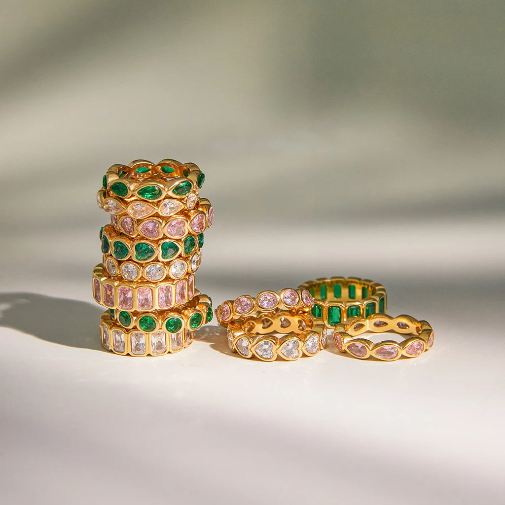 Kika Sparkling Pink Green Zircon Stacked Ring