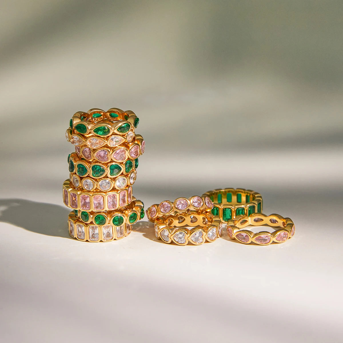 Kika Sparkling Pink Green Zircon Stacked Ring