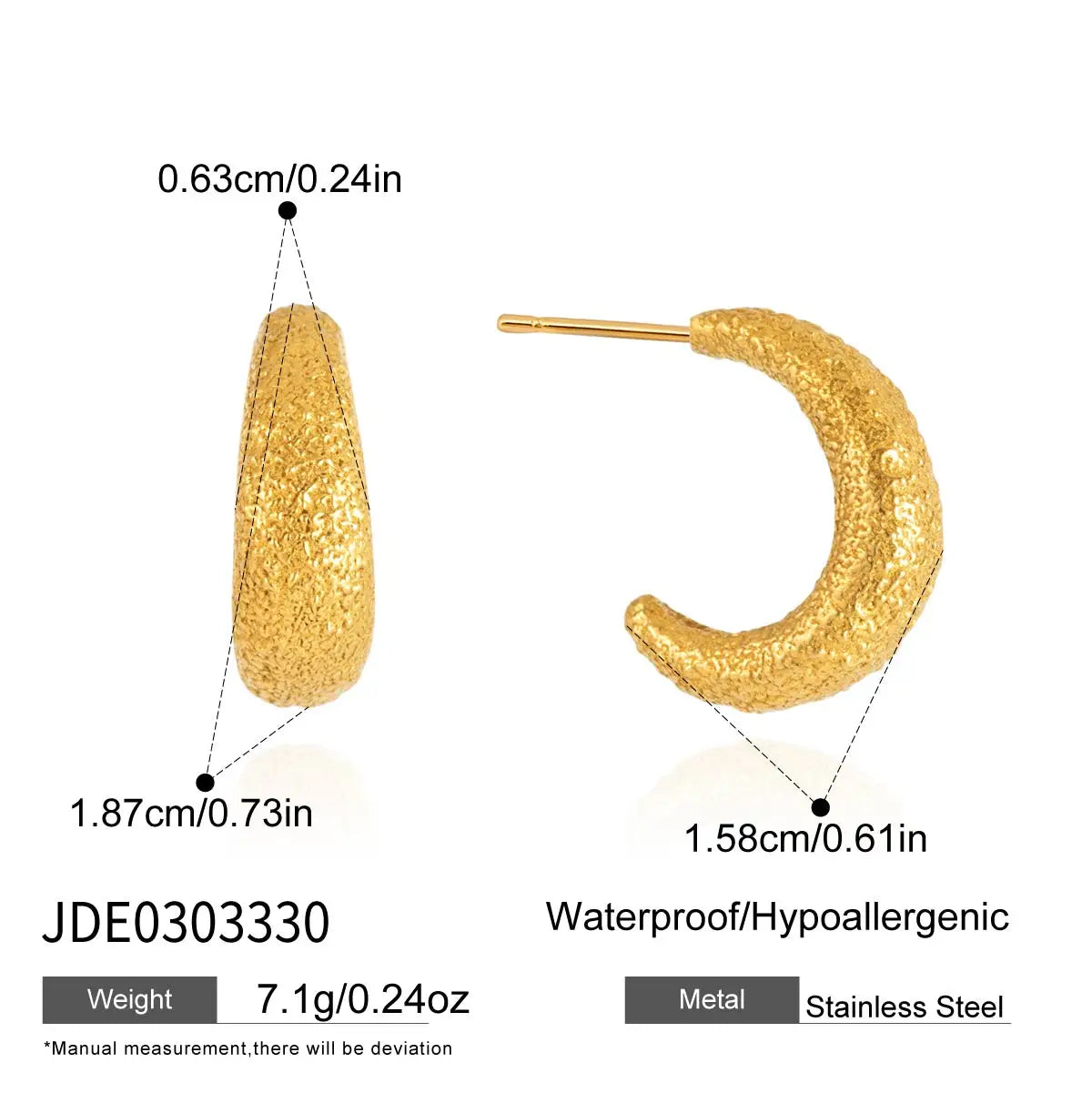 KIKA Delicate Gold Color C-Shaped Hammer Patterned Earrings  PVD Plated Stainless Steel 316L