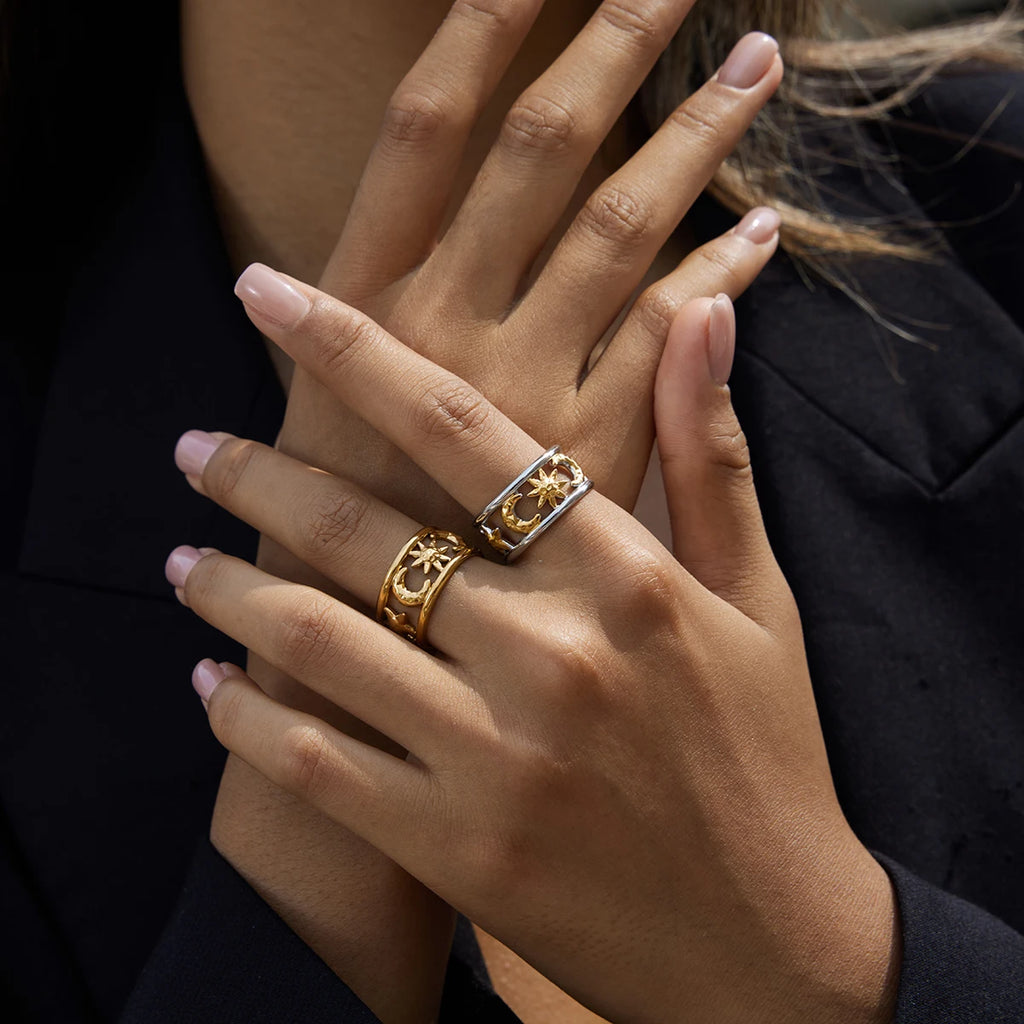 Star Moon Double Layer Open Rings Design