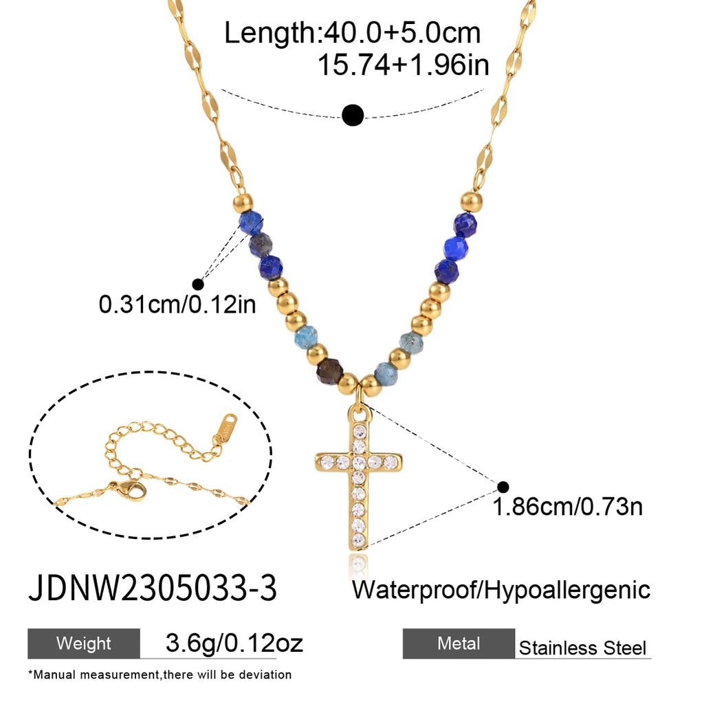 KIKA Natural Stone Beads Geometric Pendant Necklace For Women 18K Gold Plated Stainless Steel 316L