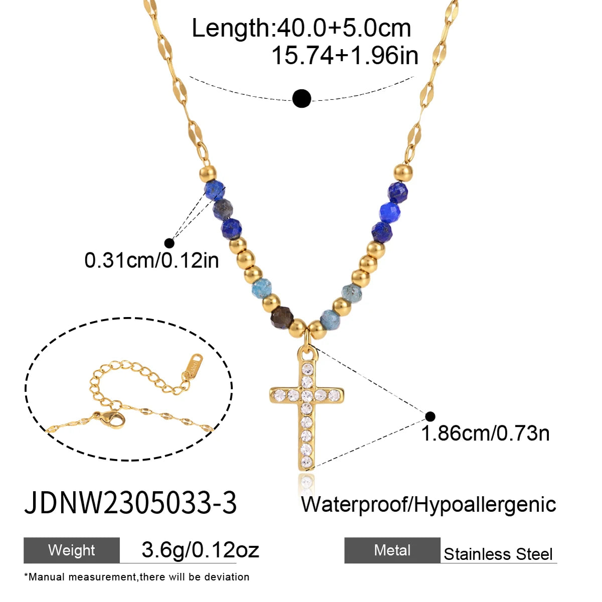KIKA Natural Stone Beads Geometric Pendant Necklace For Women 18K Gold Plated Stainless Steel 316L