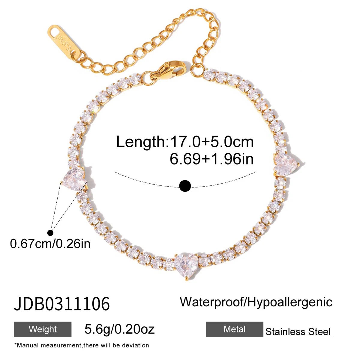 Kika Geometric White Water Droplet Heart Zircon Chain Tennis Bracelet