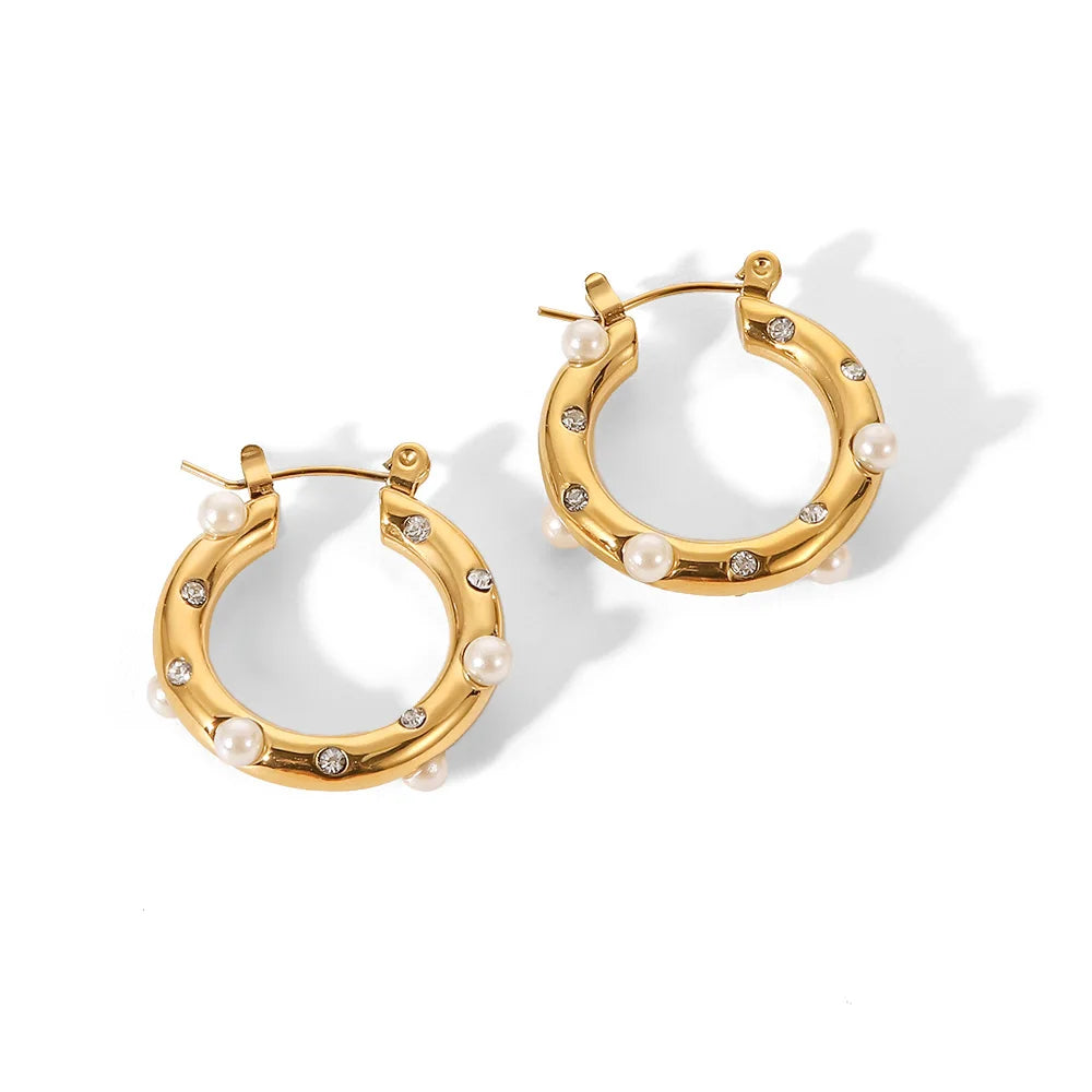 KIKA Shaped Hammer Shiny Zircon CC Shape Hoop Earrings For Women 18K Gold PVD Plated Stainless Steel 316L