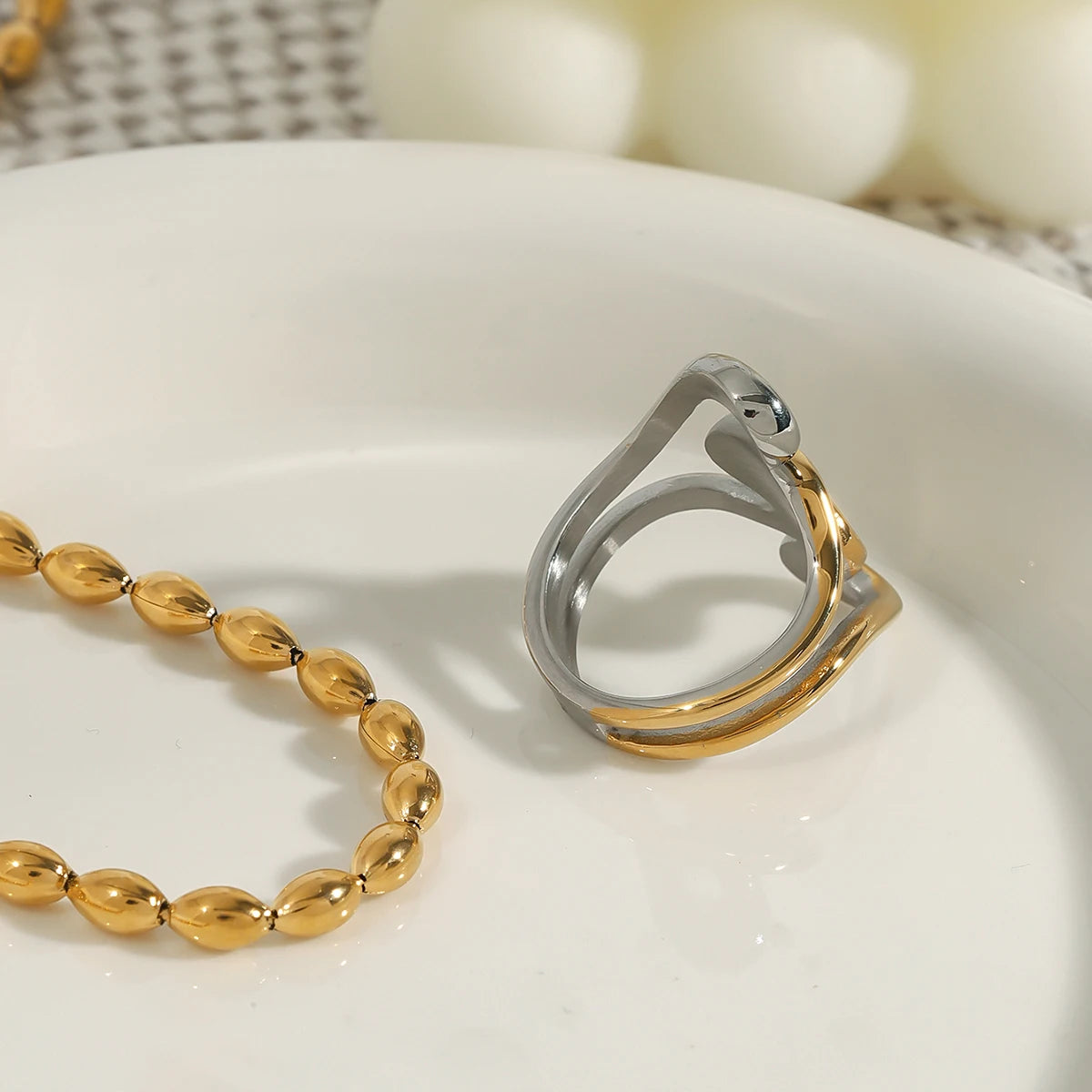 Kika Minimalist Stainless Steel Line Ring Two tone Irregular
