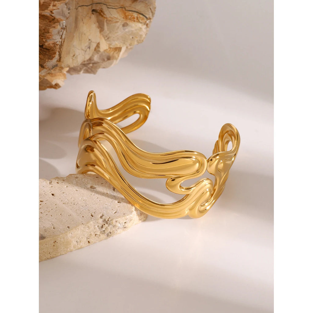 KIKA Waterproof 316l Stainless Steel Irregular Exaggerated Big Cuff Bracelet Bangle Stylish Unique Design Golden Charm