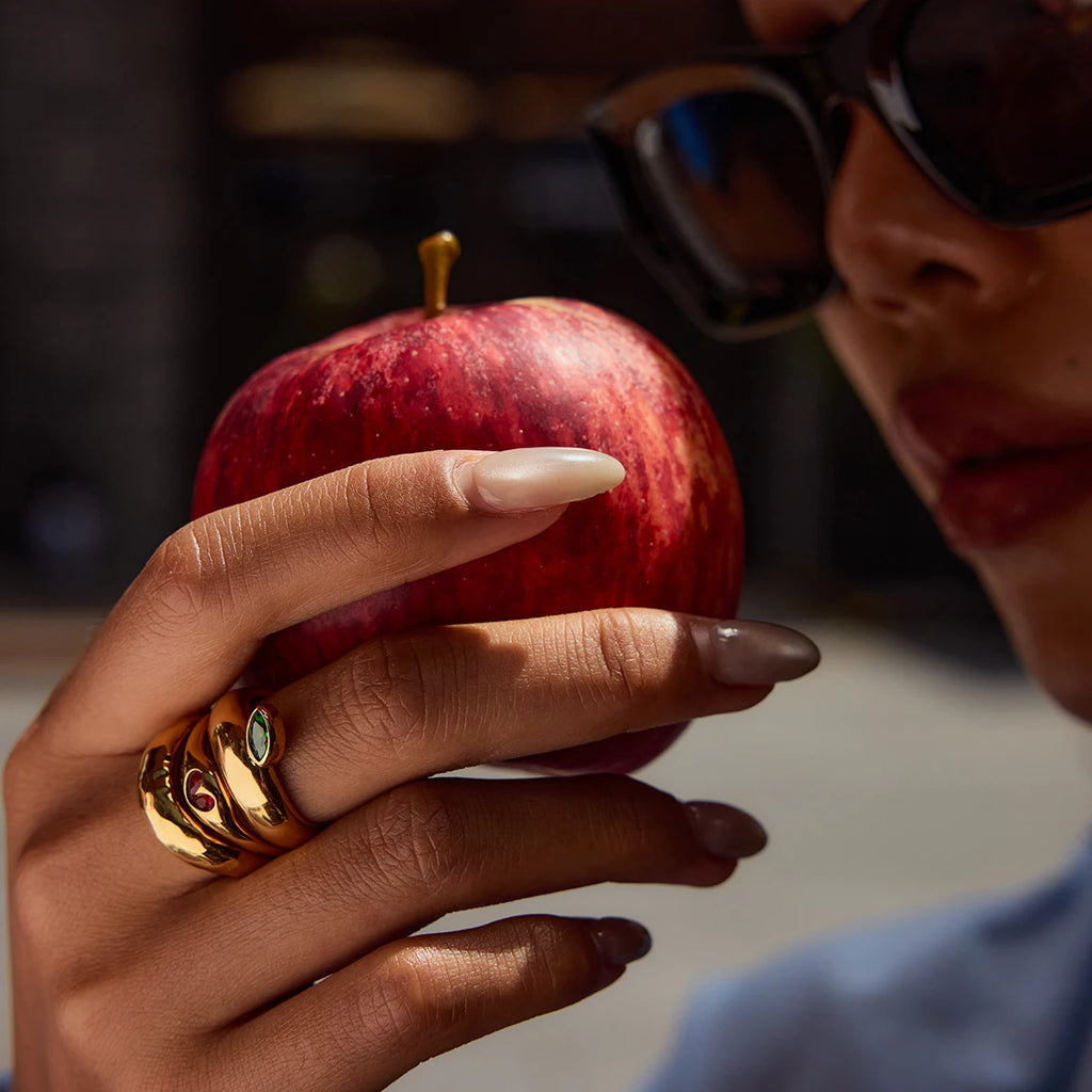 KIKA Fashion Independent Designer's 18K Gold Color Plated Stainless Steel Apple Hammer Pattern Stackable Ring Women's Jewelry
