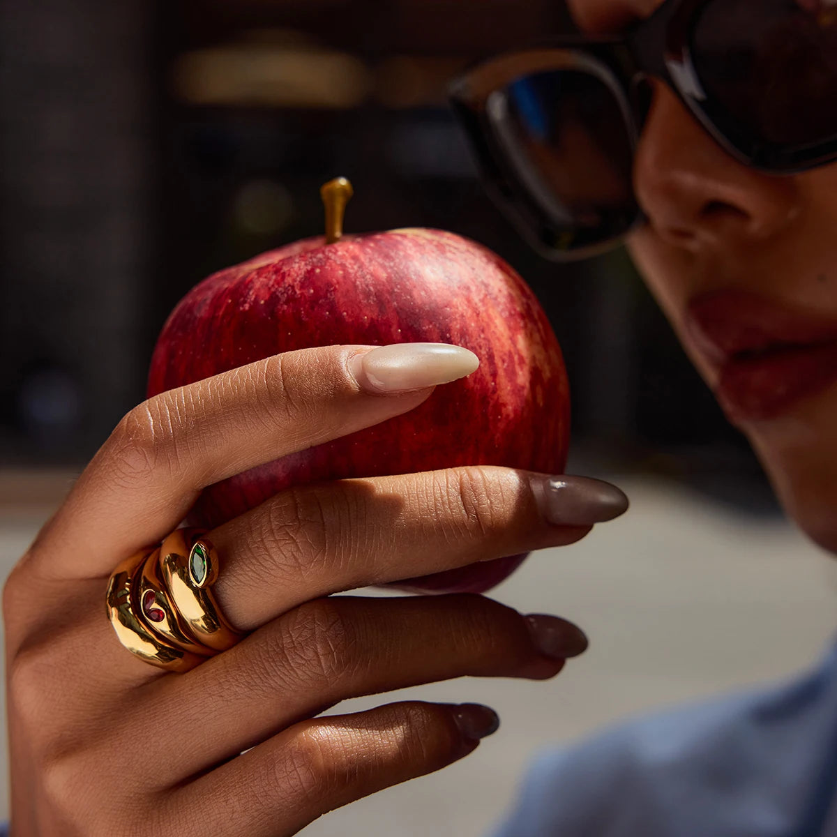 KIKA Fashion Independent Designer's 18K Gold Color Plated Stainless Steel Apple Hammer Pattern Stackable Ring Women's Jewelry