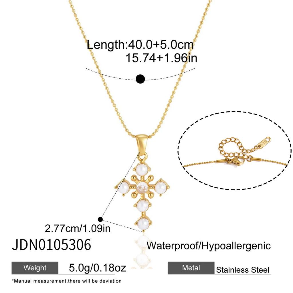 KIKA Classic Zircon Imitation Pearl Cross Pendant Necklace PVD 18K Gold Plated Stainless Steel 316L
