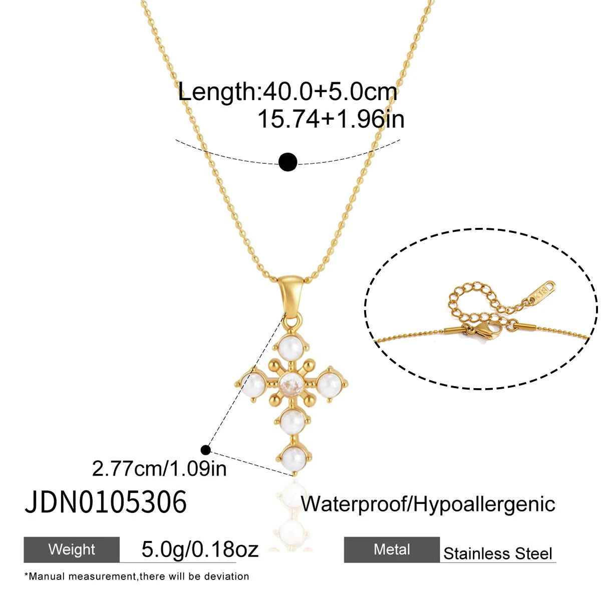 KIKA Classic Zircon Imitation Pearl Cross Pendant Necklace PVD 18K Gold Plated Stainless Steel 316L