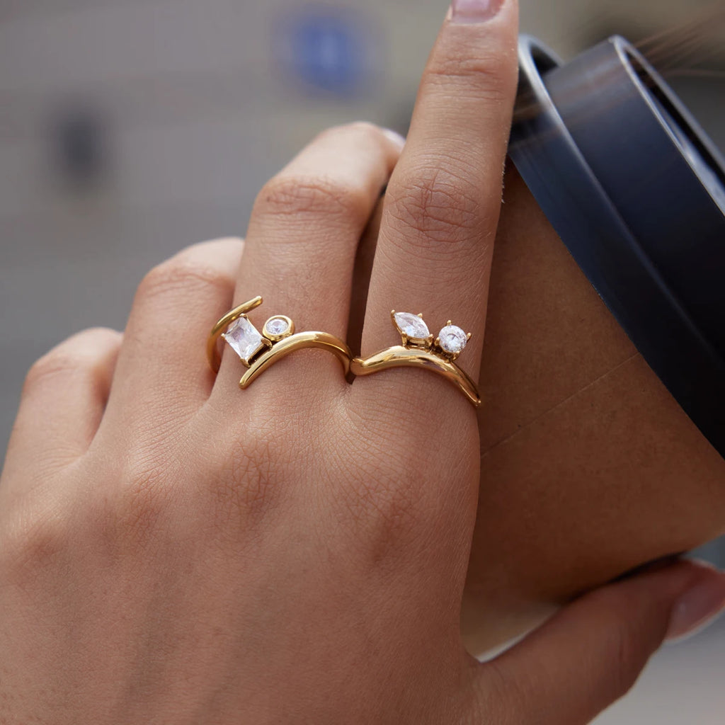 KIKA Classic Geometric Zircon Open Rings  18K Gold PVD Plated Stainless Steel 316L