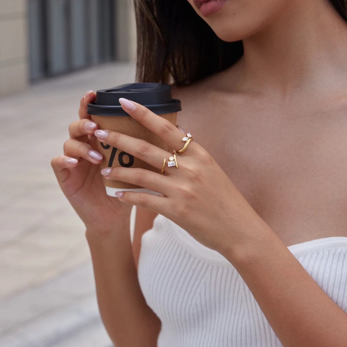 KIKA Classic Geometric Zircon Open Rings  18K Gold PVD Plated Stainless Steel 316L