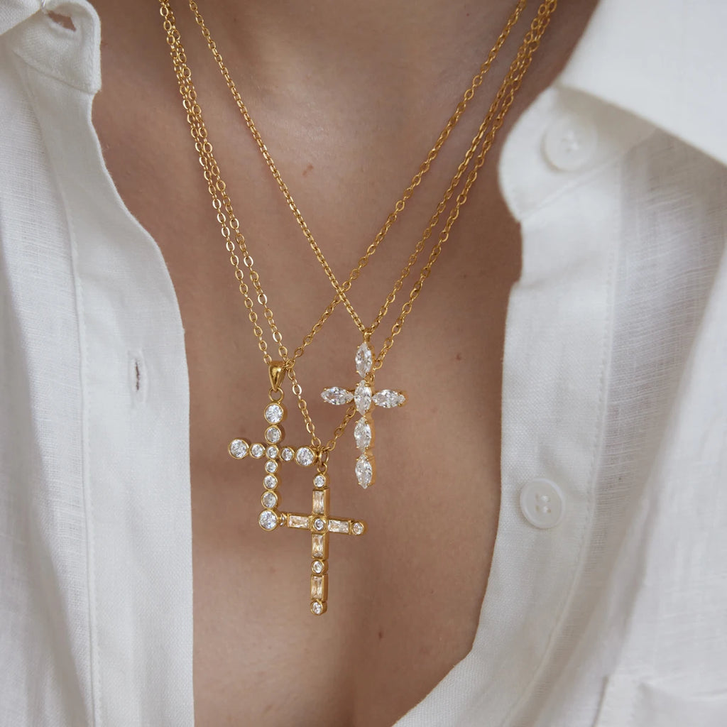 KIKA Classic Zircon Cross Pendant Necklace For Women Minimalist 18K Gold PVD Plated Stainless Steel Necklace Fashion Jewelry
