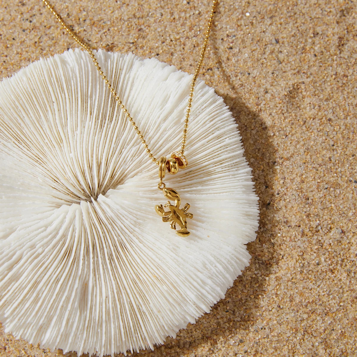 Kika Delicate Lobster Crab White Diamond Ring Bead Chain O-Chain Necklace