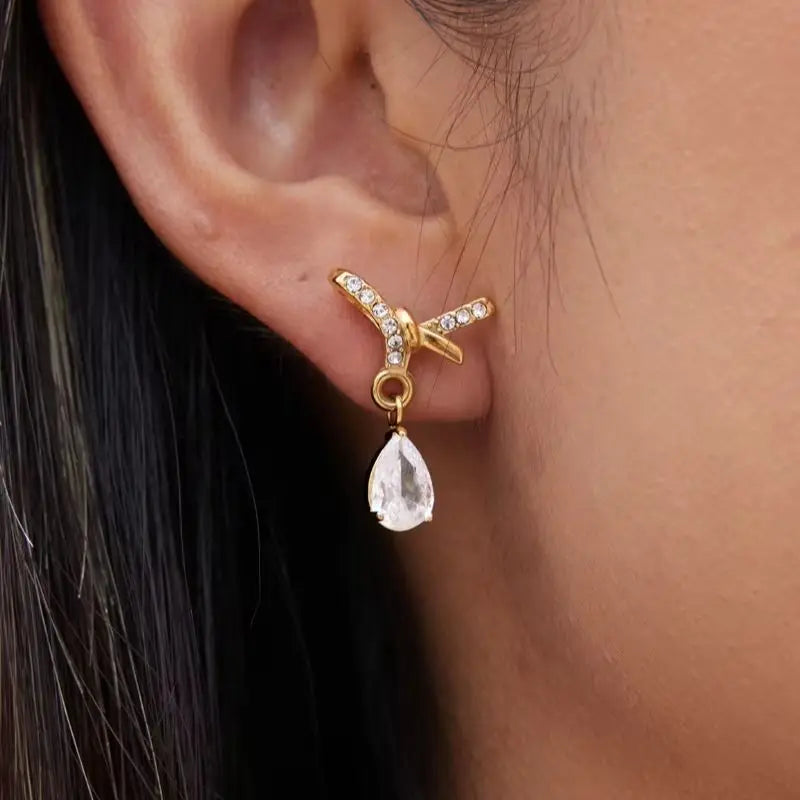 Kika Water Drop Zircon Pendant Bowknot Earrings 18K Gold PVD Plated Stainless Steel 316L