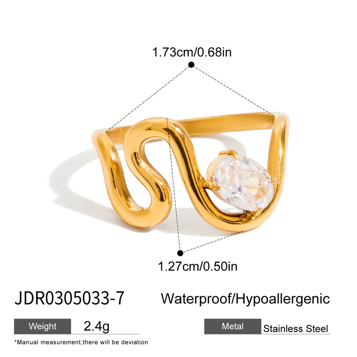 Kika Simple Classic 18K Gold Color Plated Stainless Steel Oval Zircon Line Ring