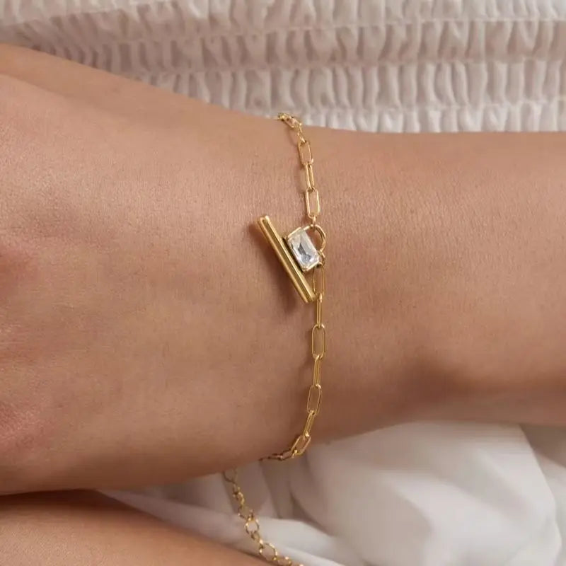 KIKA Classic Zircon T Bar Charm Bracelet For Women Minimalist 18K Gold PVD Plated Stainless Steel Bracelet Fashion Jewelry