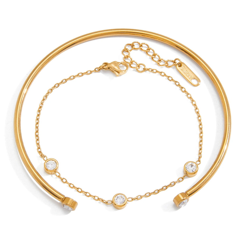 White Round Zircon Open Bracelet With O-Chain Double Layered Bracelets