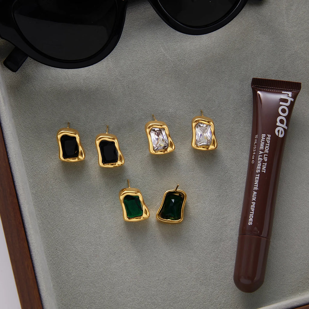 KIKA Minimalist Classic PVD Plated Inlay Zircon Square Irregular Earrings Hypoallergenic Stainless Steel 316L