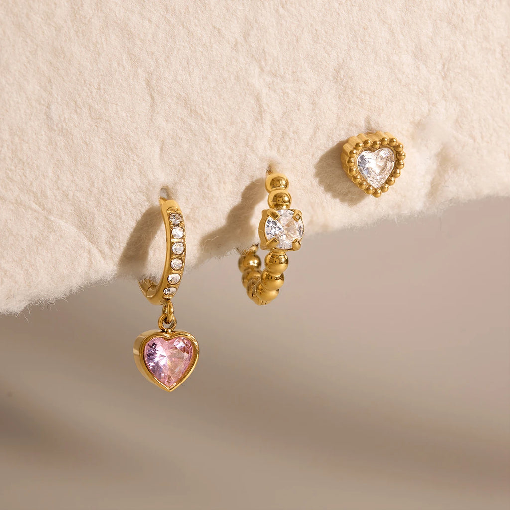 Kika 3 Pcs/Set Heart Zircon Earrings 18K Gold PVD Plated Stainless Steel 316L