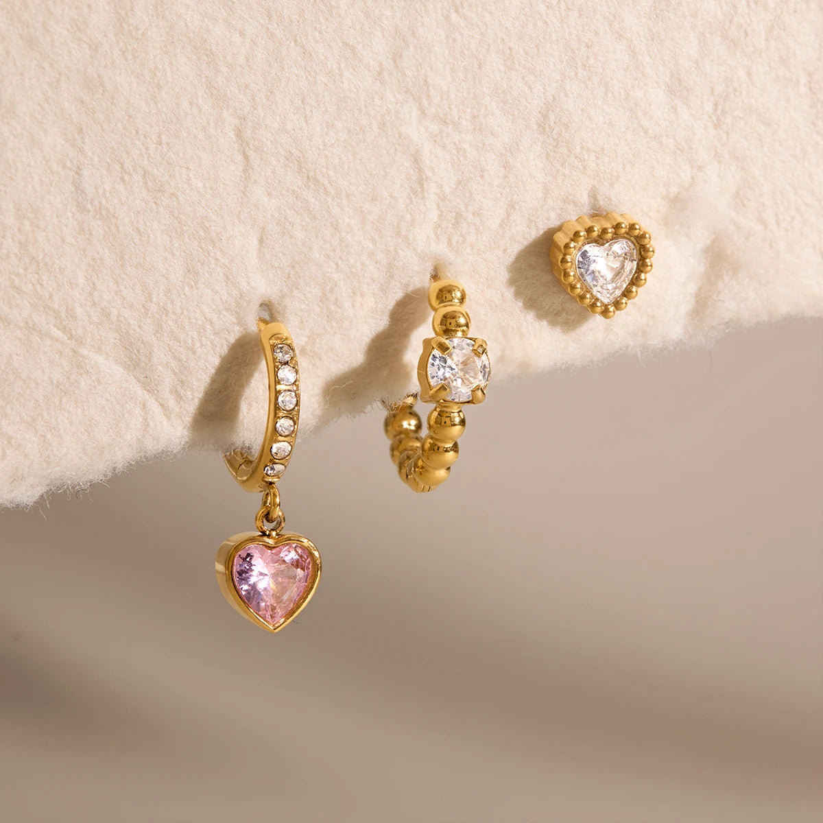 Kika 3 Pcs/Set Heart Zircon Earrings 18K Gold PVD Plated Stainless Steel 316L