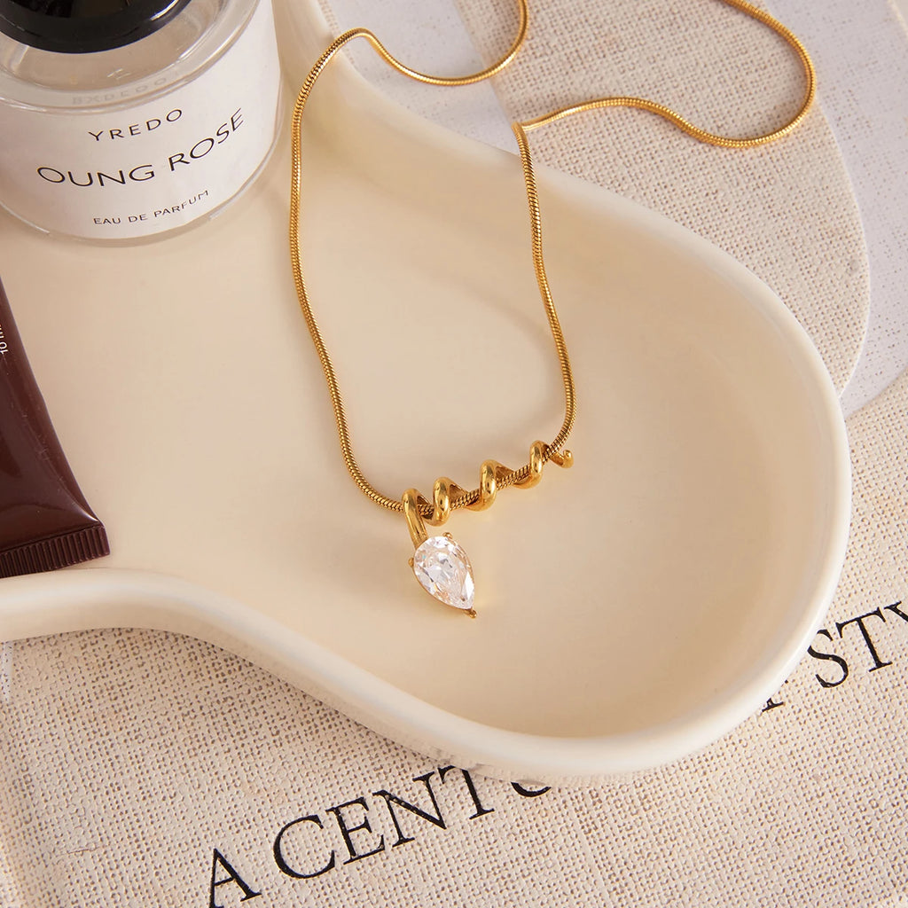 Kika Classic Gold Color White Drop-shaped Zircon Necklace