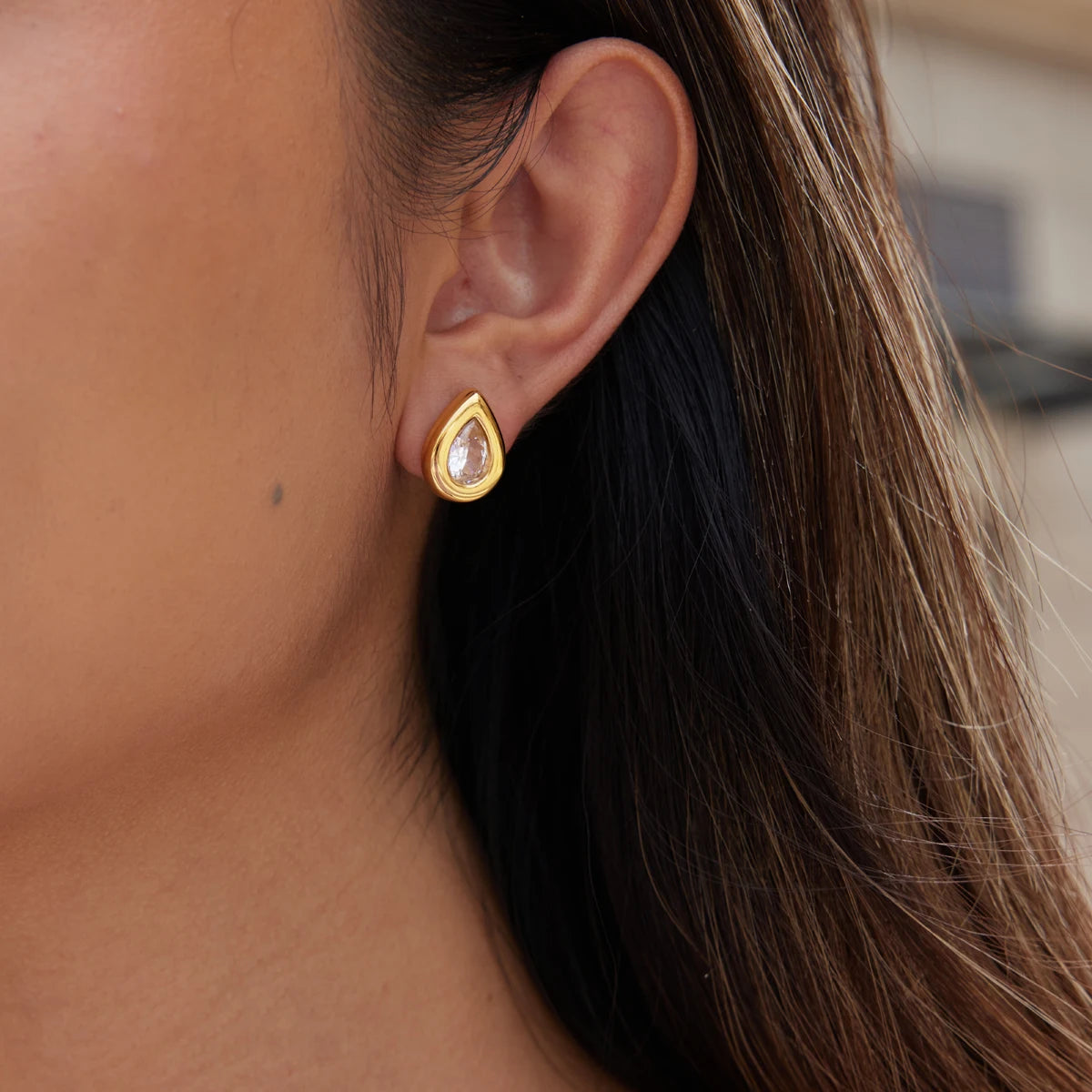 KIKA Classic Water Drop Zircon Stud Earrings 18K Gold PVD Plated Stainless Steel 316L