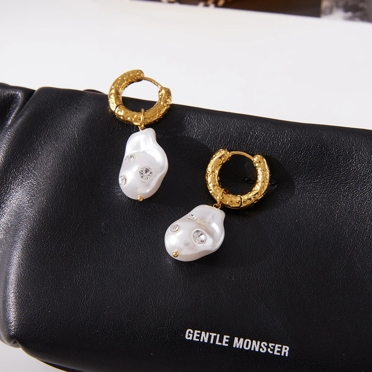 KIKA Vintage White Zircon Shaped Pearl Pendant Earrings 18K Gold Color PVD  Plated Stainless Steel 316L Waterproof