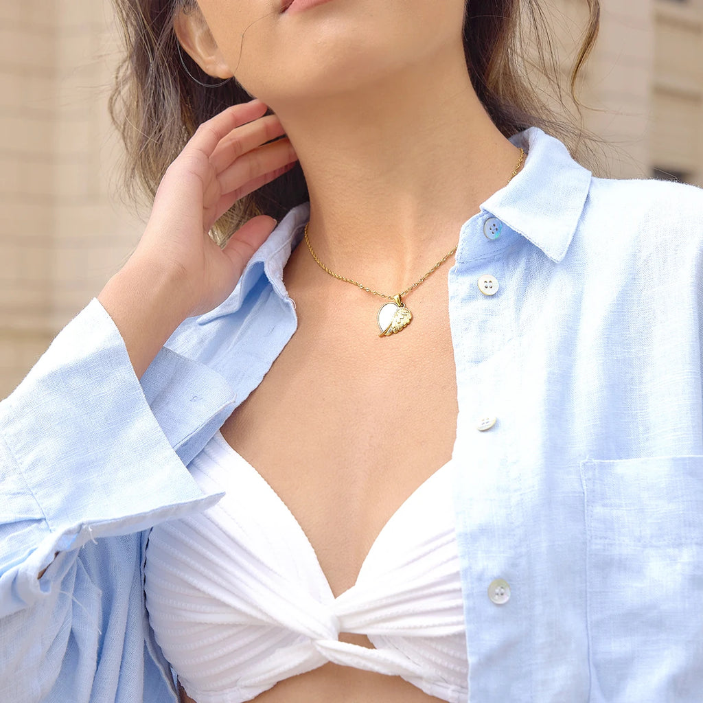 Kika Elegant White Shell Heart Wing Pendant Necklace