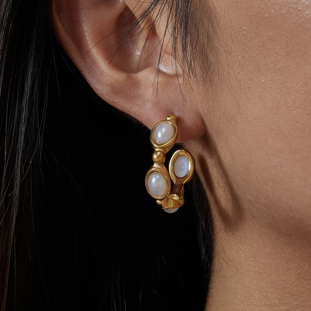KIKA Classic Trendy 18K Gold Color PVD  Plated Blue Turquoise Pearl C-Shape Earrings Hypoallergenic Stainless Steel 316L