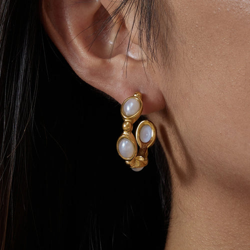 KIKA Classic Trendy 18K Gold Color PVD  Plated Blue Turquoise Pearl C-Shape Earrings Hypoallergenic Stainless Steel 316L