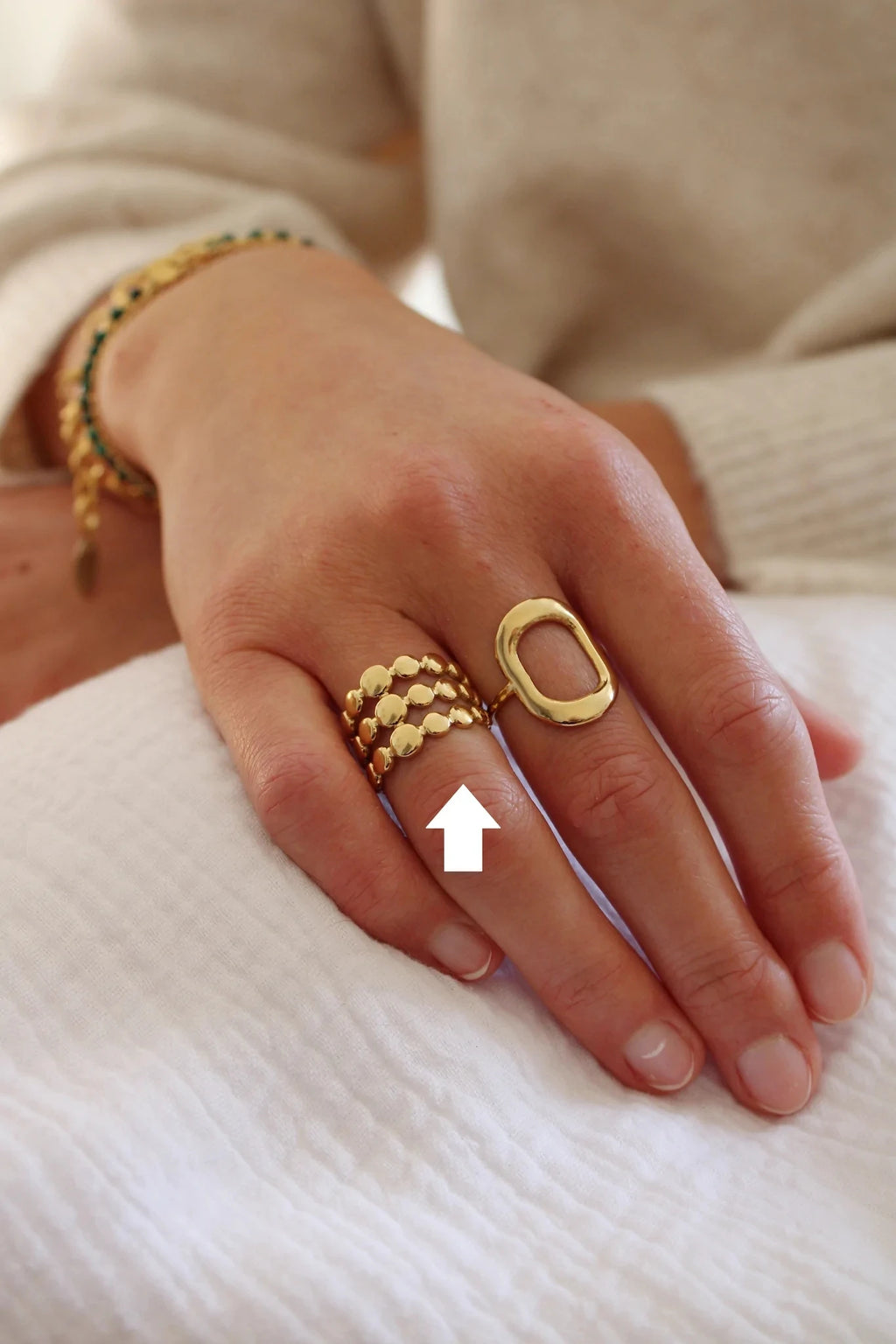 Kika New Trendy Stainless Steel Jewelry Gift Charm 18K Gold Plated Three Layer Line Bead Chain Rings for Women Gift