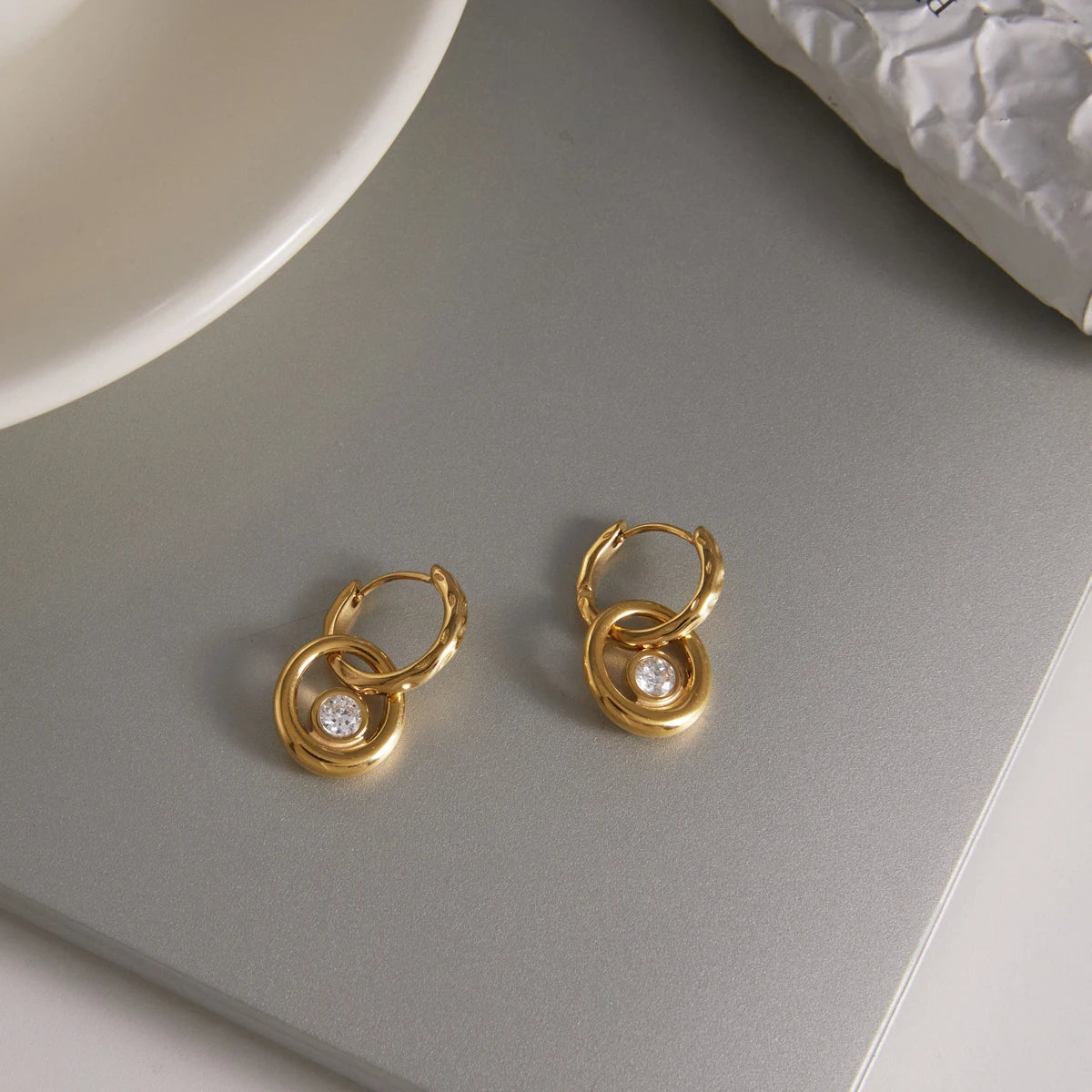 Kika Classic Round Zircon Drop Earrings Gold PVD Plated Stainless Steel 316L