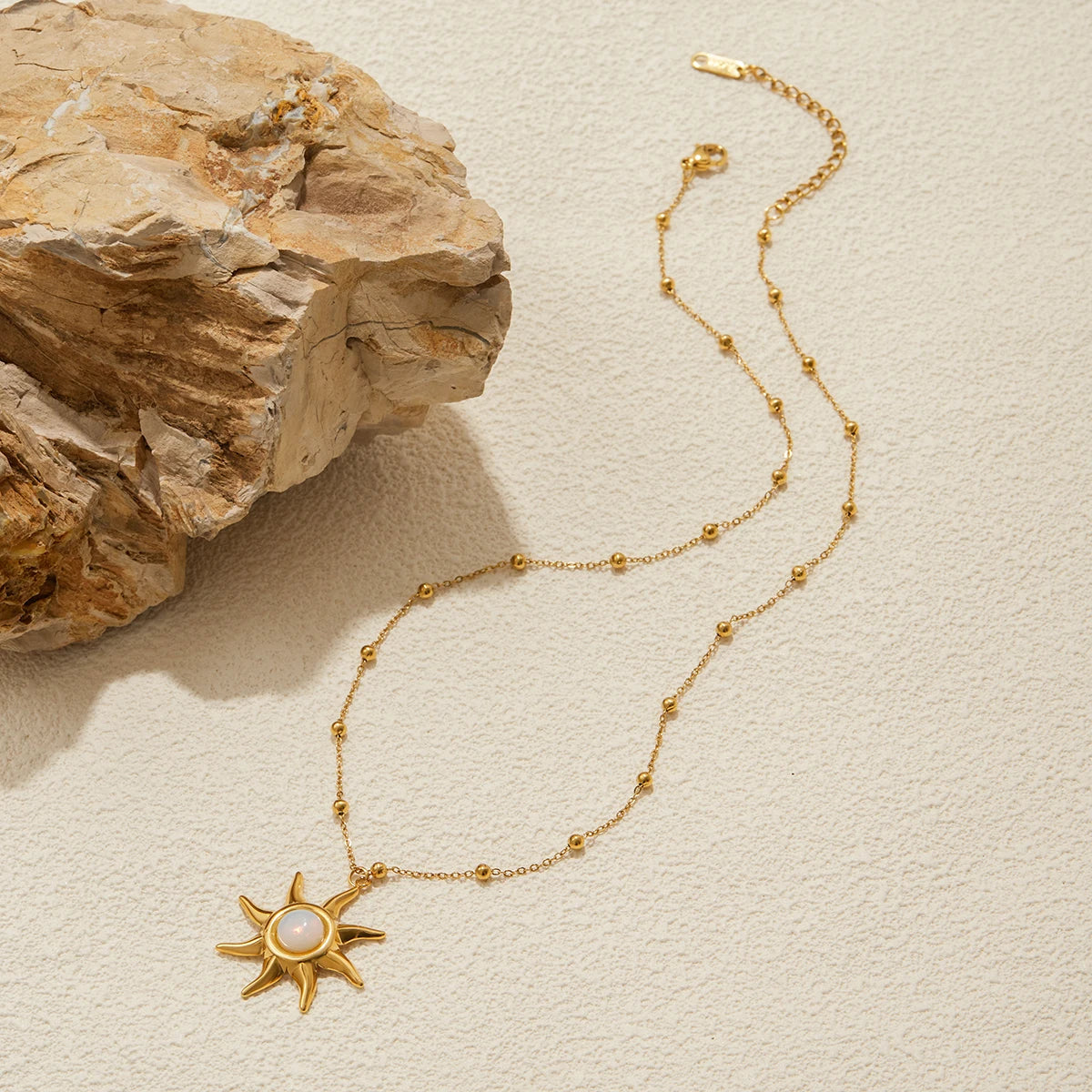 Kika  Designer Classic Opal Sun Pendant Bead Chain Necklace