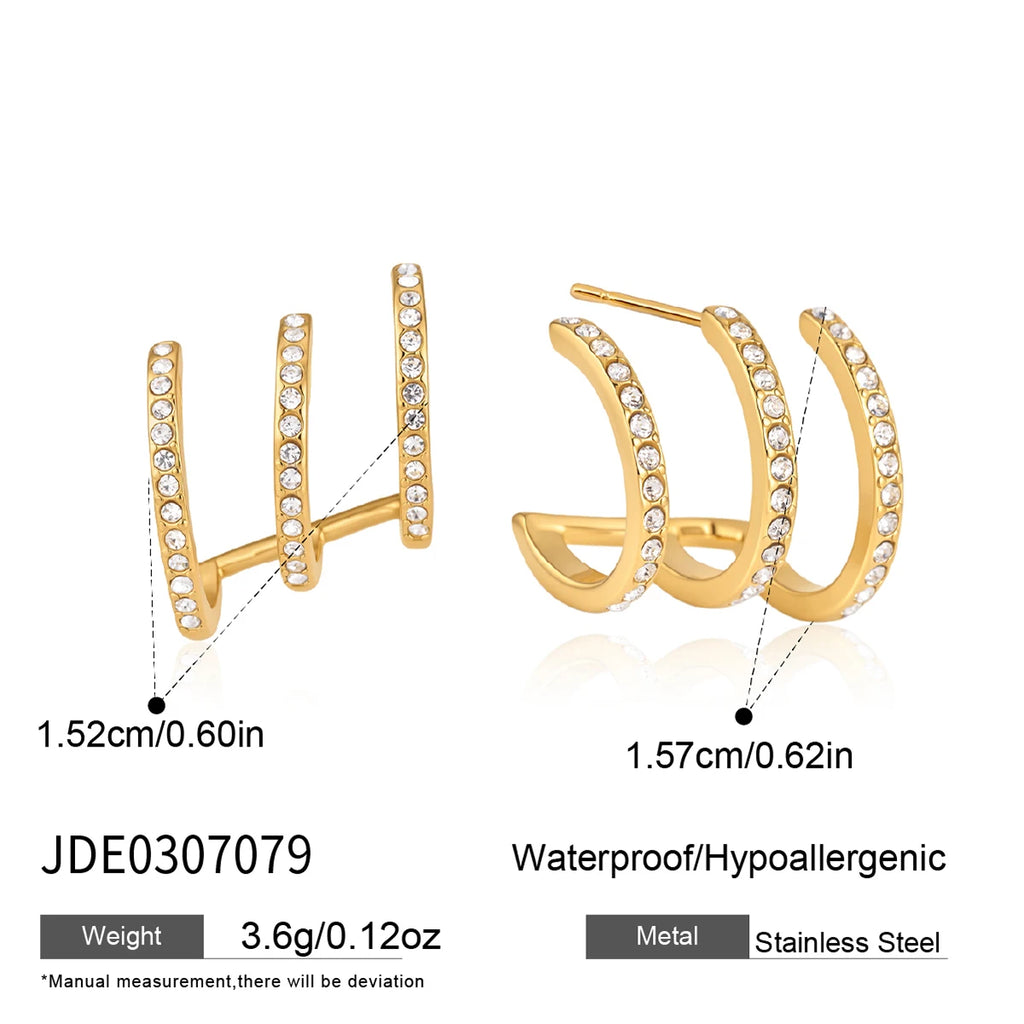 KIKA Multilayer Iced Out Crystal C Shape Stud Earrings For Women 18K Gold Plated Stainless Steel 316L