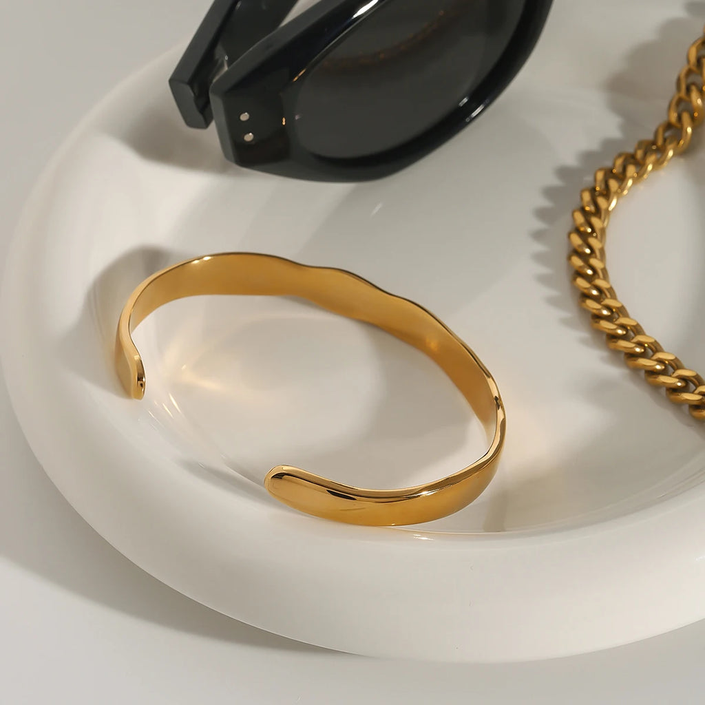 KIKA Minimalist 2Pcs Wave Opening Bracelet 18K Gold Color Plated Stainless Steel Stacked Bracelet Women's Jewelry