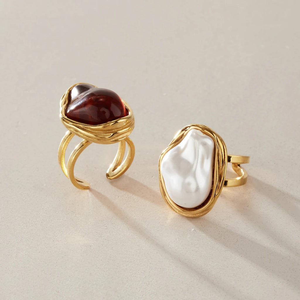 KIKA Chunky Imitation Baroque Pearl Resin Open Rings For Women 18K Gold PVD Plated Stainless Steel 316L
